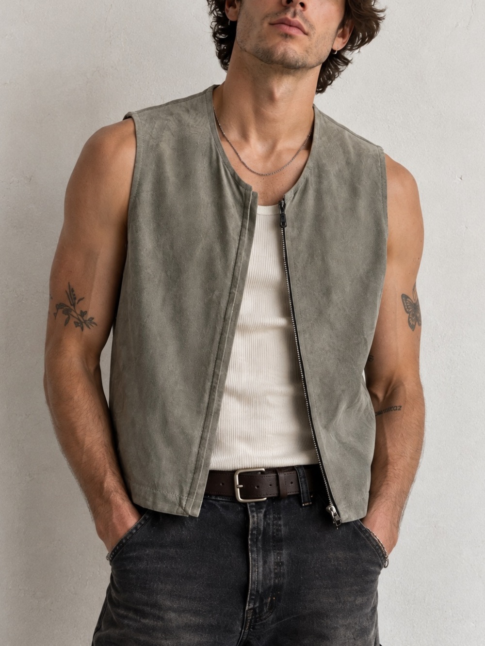 Vintage Y2K Kenneth Cole Reaction Genuine Suede Leather Vest Men’s S Gray/Green
